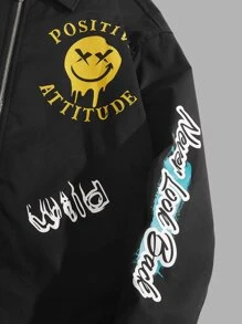 Manfinity 男士標語和卡通臉圖案夾克 - 黑色 - 查看 4