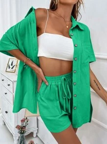 SHEIN LUNE Bộ đồ hai mảnh nữ Dây kéo Nút phía trước màu trơn Giải trí - màu xanh lá - Xem 5