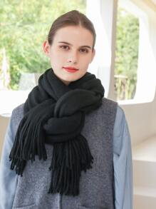 1 Khăn quàng cổ bằng vải polyester dệt kim màu trơn dành cho nữ, khăn quàng cổ ấm áp và thời trang để sử dụng hàng ngày vào mùa thu/đông - màu đen - Xem 2