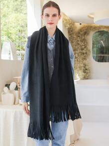 1 Khăn quàng cổ bằng vải polyester dệt kim màu trơn dành cho nữ, khăn quàng cổ ấm áp và thời trang để sử dụng hàng ngày vào mùa thu/đông - màu đen - Xem 3