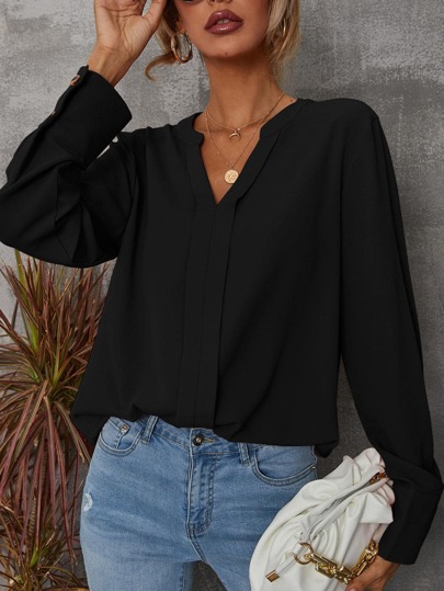 EMERY ROSE Solid Notched Buttoned Cuff Shirt,Long Sleeve Tops Fall Cloth For Women