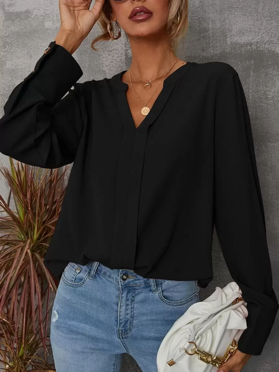 EMERY ROSE Solid Notched Buttoned Cuff Shirt,Long Sleeve Tops Fall Cloth For Women - Black - View 1