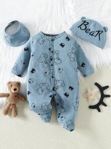 Menino Estampa De Urso Botão Frontal Macacão Dormir Com Pés