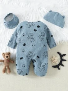 Menino Estampa De Urso Botão Frontal Macacão Dormir Com Pés