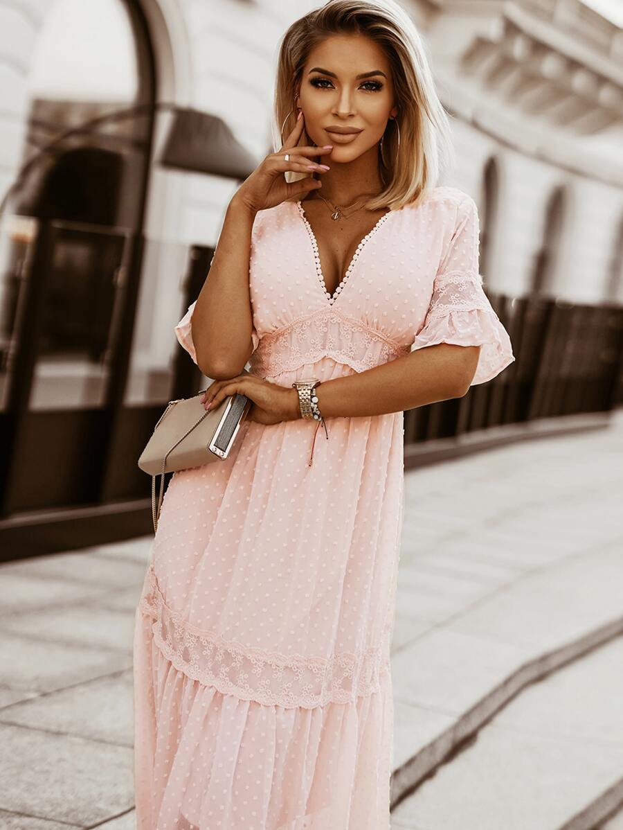 Swiss Dot Lace Detail Dress - Baby Pink - View 1