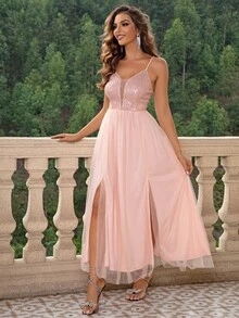 Joyfunear Contrast Mesh Split Thigh Cami Dress - Coral Pink - View 6