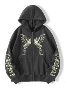 SHEIN Unity 蝴蝶和字母圖案拉鏈開襟加絨內裏連帽衫 - 深灰色 - 查看 1