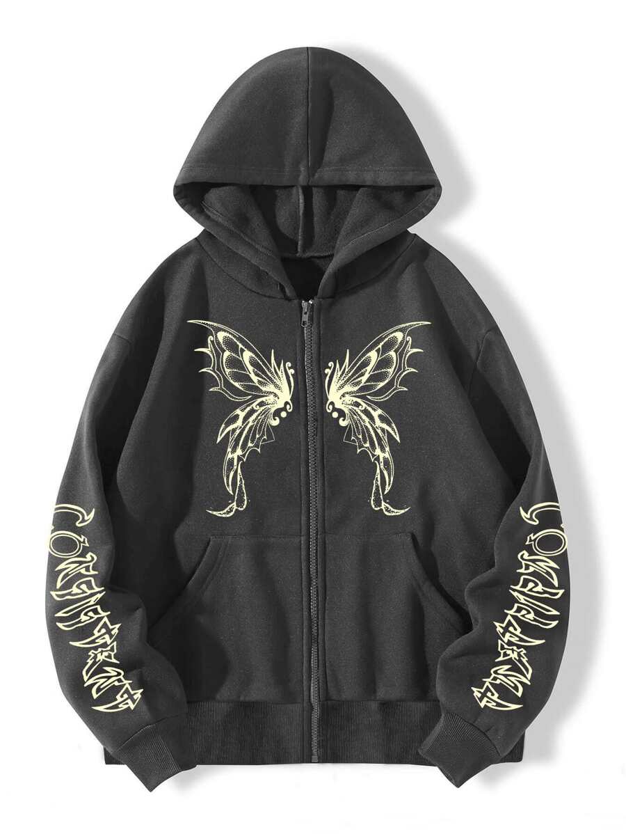 SHEIN Unity 蝴蝶和字母圖案拉鏈開襟加絨內裏連帽衫 - 深灰色 - 查看 1