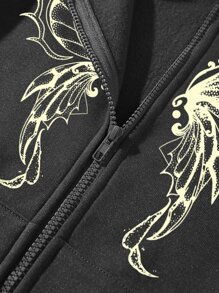 SHEIN Unity 蝴蝶和字母圖案拉鏈開襟加絨內裏連帽衫 - 深灰色 - 查看 3