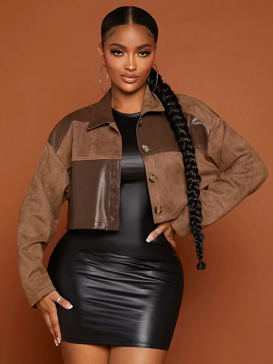 SHEIN SXY Drop Shoulder Contrast PU Leather Jacket In Fall/Winter - Multicolor - View 1