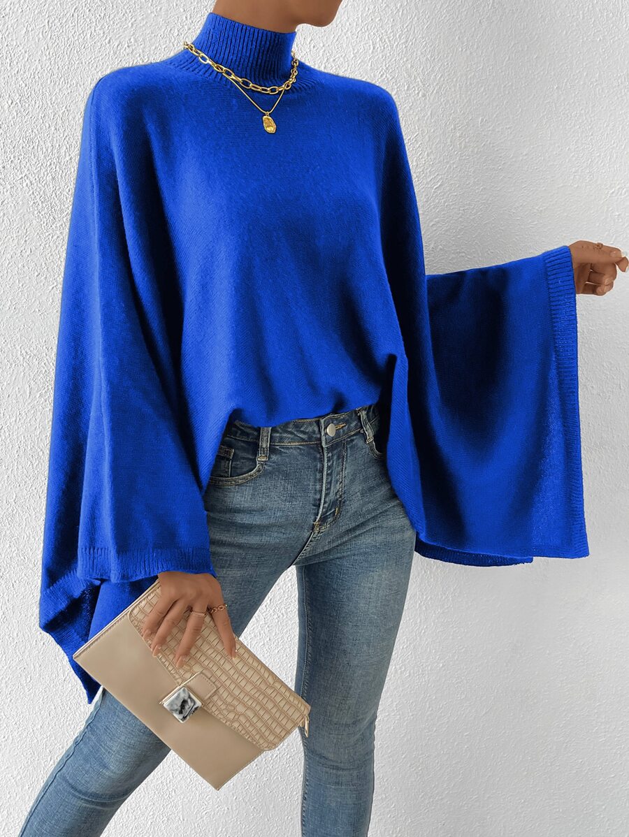 SHEIN Privé High Neck Batwing Sleeve Knit Poncho - Royal Blue - View 1