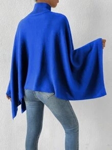 SHEIN Privé High Neck Batwing Sleeve Knit Poncho - Royal Blue - View 2