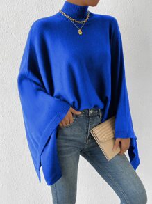 SHEIN Privé High Neck Batwing Sleeve Knit Poncho - Royal Blue - View 4