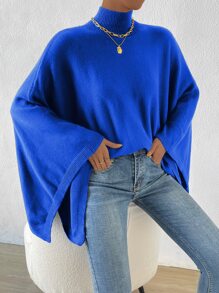SHEIN Privé High Neck Batwing Sleeve Knit Poncho - Royal Blue - View 6