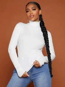 SHEIN SXY Jersey de cuello cisne tejido de canalé - Blanco - Ver 6