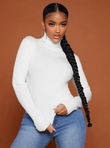 SHEIN SXY Jersey de cuello cisne tejido de canalé - Blanco - Ver 1