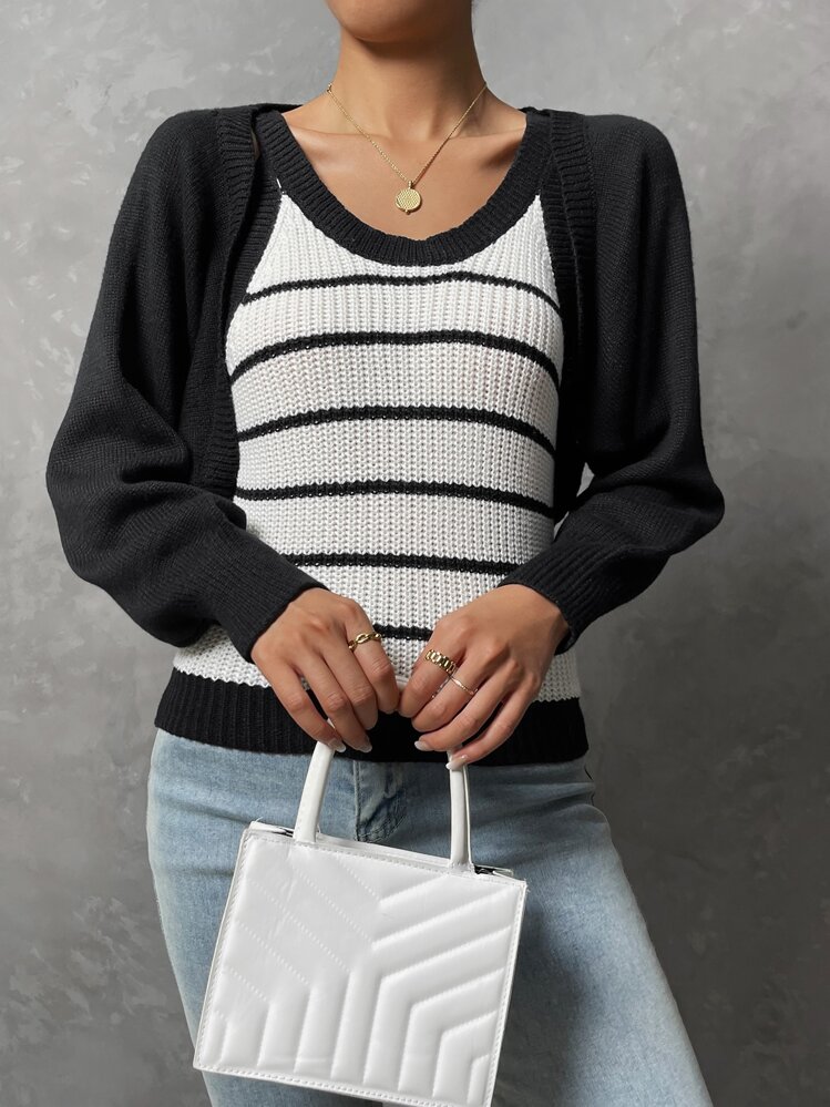 SHEIN LUNE Striped Pattern Knit Top & Shrug Cardigan - Black and White - View 6