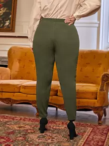 SHEIN Essnce Plus Fold Pleated Slant Pocket Trousers - Army Green - View 3