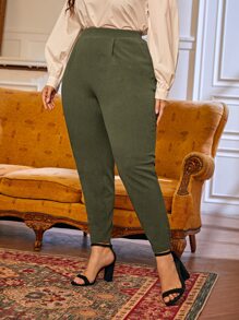 SHEIN Essnce Plus Fold Pleated Slant Pocket Trousers - Army Green - View 4