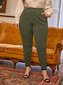 SHEIN Essnce Plus Fold Pleated Slant Pocket Trousers - Army Green - View 6