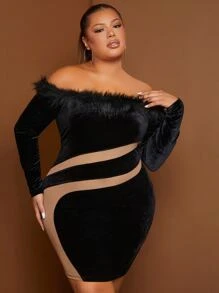 SHEIN SXY Plus Fuzzy Trim Off Shoulder Contrast Panel Velvet Bodycon Dress - Multicolor - View 4