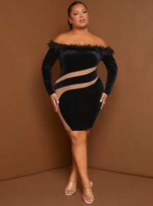 SHEIN SXY Plus Fuzzy Trim Off Shoulder Contrast Panel Velvet Bodycon Dress - Multicolor - View 3