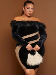 SHEIN SXY Plus Fuzzy Trim Off Shoulder Contrast Panel Velvet Bodycon Dress - Multicolor - View 5