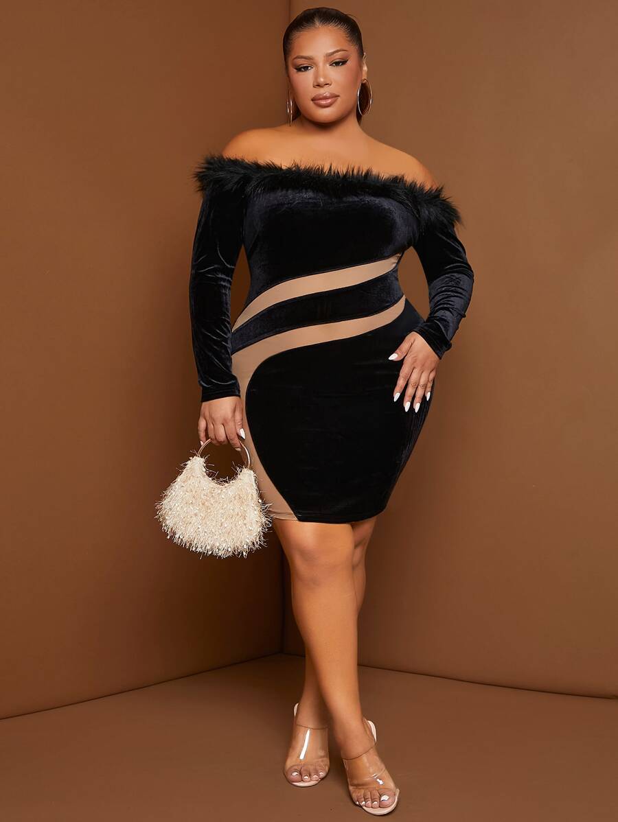 SHEIN SXY Plus Fuzzy Trim Off Shoulder Contrast Panel Velvet Bodycon Dress - Multicolor - View 1