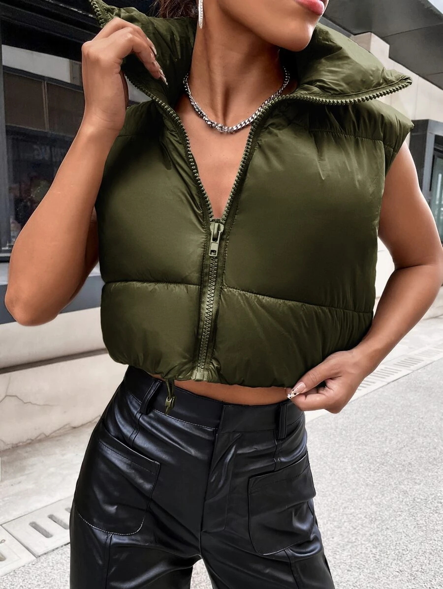 SHEIN EZwear Women's Solid Color Zipper Collar Padded Vest Puffer Jacket For Winter Clothes - Army Green - View 1