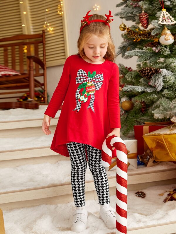 SHEIN Toddler Girls Christmas Print Tee & Houndstooth Print Leggings