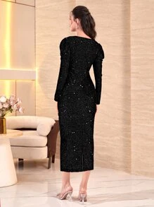 Modelyn Sequin Gigot Sleeve Split Back Ruched Bodycon Dress - Black - View 2