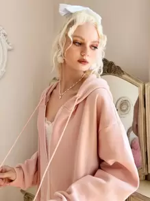 ROMWE Kawaii Solid Zip Up Hoodie, School Pullover Fall Outfit - Pink - View 2