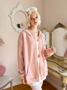 ROMWE Kawaii Solid Zip Up Hoodie, School Pullover Fall Outfit - Pink - View 3