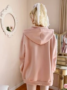 ROMWE Kawaii Solid Zip Up Hoodie, School Pullover Fall Outfit - Pink - View 5