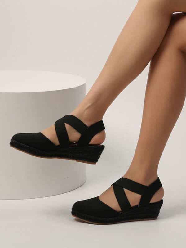 Women Black Criss Cross Ankle Strap Wedge Court Shoes, Elegant Round