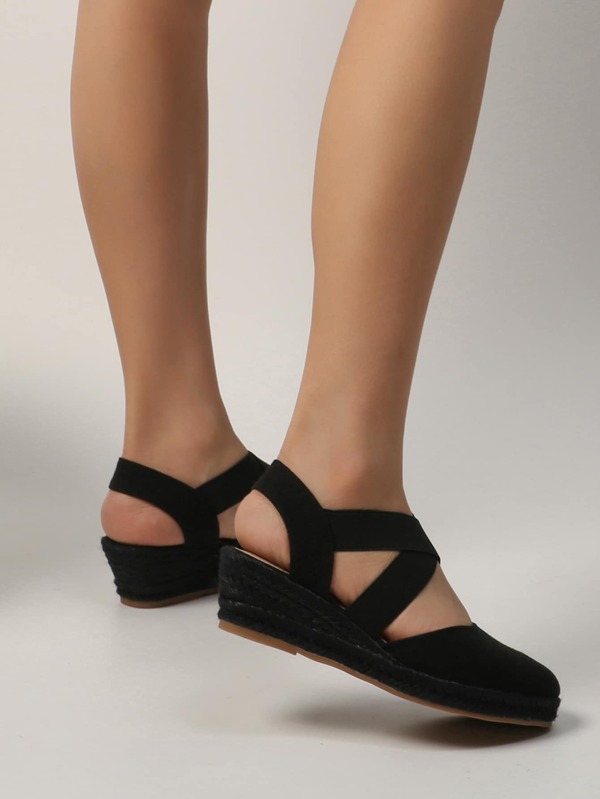 Women Black Criss Cross Ankle Strap Wedge Court Shoes, Elegant Round