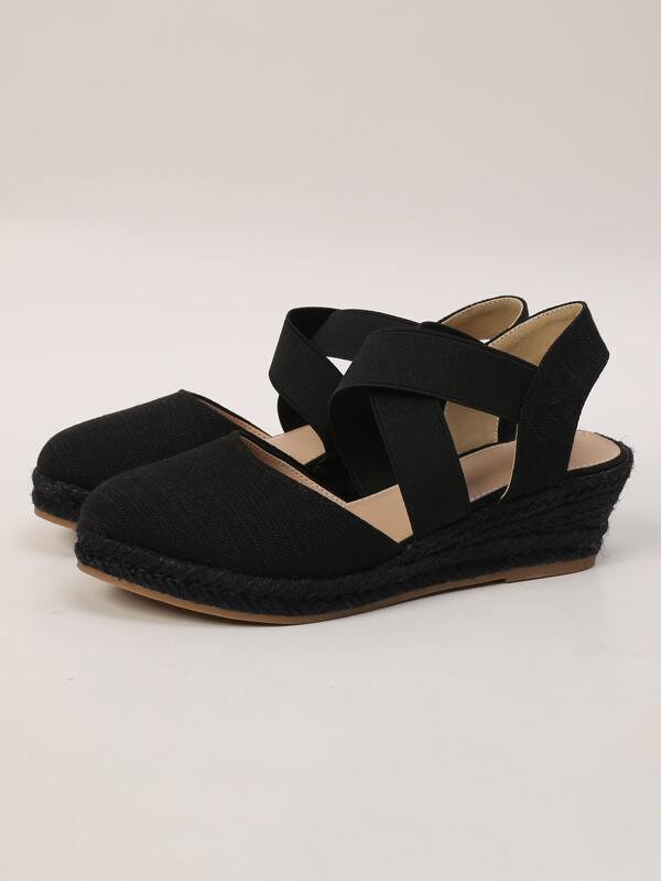 Women Black Criss Cross Ankle Strap Wedge Court Shoes, Elegant Round