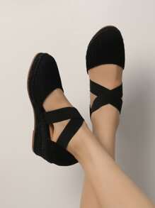 Criss Cross Ankle Strap Wedge Court Shoes - Black - View 1