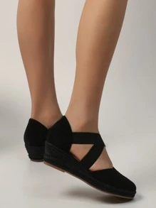 Criss Cross Ankle Strap Wedge Court Shoes - Black - View 2