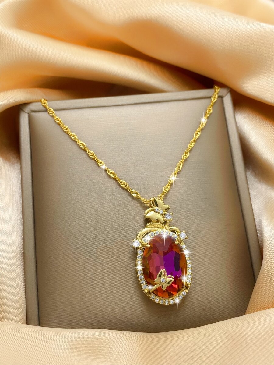 Rhinestone & Butterfly Decor Oval Charm Necklace - Yellow Gold - View 1