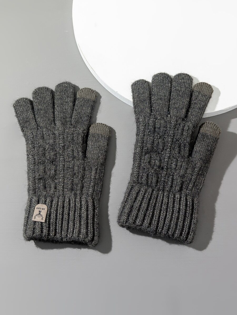 Men Letter Patched Gloves - Dark Grey - View 1