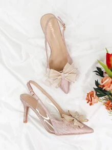 Rhinestone & Bow Decor Glitter Slingback Pumps - Rose Gold - View 1