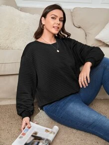 SHEIN Essnce Plus Solid Drop Shoulder Sweatshirt - Black - View 5