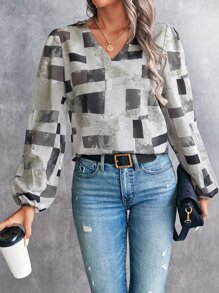 SHEIN LUNE Geo Print Lantern Sleeve Blouse - Multicolor - View 1