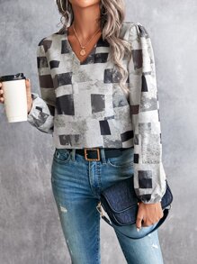 SHEIN LUNE Geo Print Lantern Sleeve Blouse - Multicolor - View 3