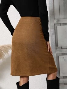 SHEIN Clasi 高腰前紐扣燈芯絨半身裙 - 咖啡棕 - 查看 2