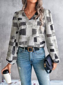 SHEIN LUNE Geo Print Lantern Sleeve Blouse - Multicolor - View 5