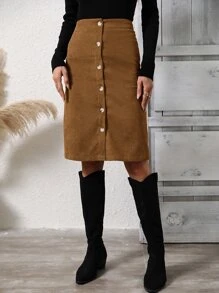 SHEIN Clasi 高腰前紐扣燈芯絨半身裙 - 咖啡棕 - 查看 4