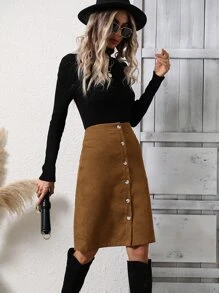 SHEIN Clasi 高腰前紐扣燈芯絨半身裙 - 咖啡棕 - 查看 5