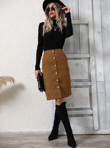 SHEIN Clasi 高腰前紐扣燈芯絨半身裙 - 咖啡棕 - 查看 6